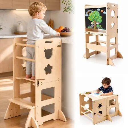 Toddler Standing Tower Wooden Kitchen Step Helper Stool Convertible Learning Study Table Chair Set Kids Chalkboard Drawing Desk Safety Bar Anti Tip