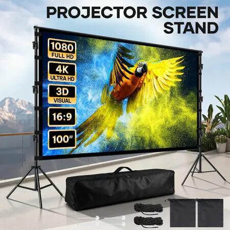 100" Projector Screen with Stand Movie 16:9 4K HD Portable Outdoor Indoor Foldable Tripod Double-Sided Wrinkle-Free Cinema Display Carry Bag Home Yard