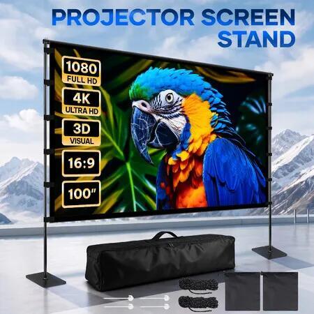 100" Projector Screen with Stand 16:9 4K HD Outdoor Portable Movie Foldable Double Sided Home Cinema Display Wrinkle Free Frame Bag Backyard Camping Office