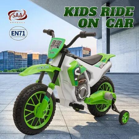 Kids 12V Electric Ride On Dirt Bike Motorcycle Green Toy with Training Wheels, Battery Powered Outdoor Motorbike with Slow Start