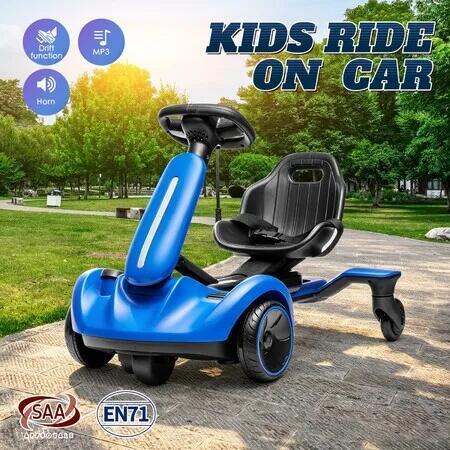 Kids 6V Electric Drift Ride On Car Blue Go Kart Dual Mode Drifting Vehicle Adjustable Seat LED Lights Music 25kg Max Load