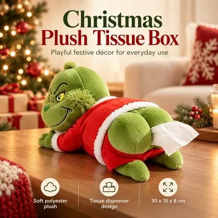 Grinch Christmas Plush Tissue Box Holder, Funny Green Monster Tissue Dispenser Decoration, Santa Desk Gift
