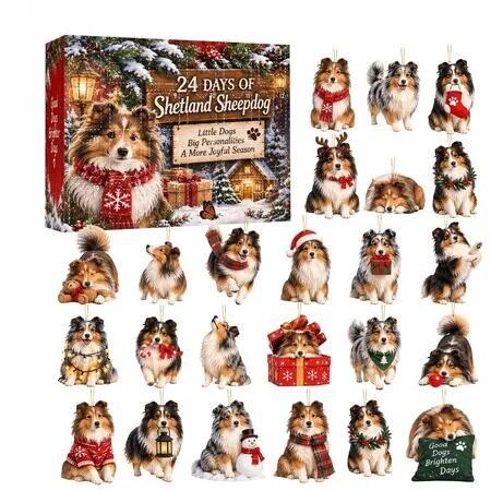 Shetland Sheepdog Advent Calendar, 24 Day Christmas Countdown with 2D Acrylic Dog Ornaments, Christmas Gift for Sheltie Lovers