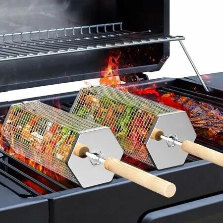 2Pcs Rolling Grill Baskets, Grilling Accessories, Outdoor Camping, Gifts for Men, Stainless Steel, Nesting BBQ Tools for Vegetable