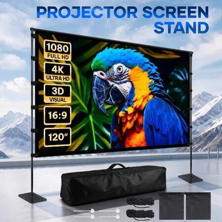 120" Projector Screen with Stand 16:9 4K HD Outdoor Portable Movie Foldable Double Sided Home Cinema Display Wrinkle Free Frame Bag Backyard Camping Office