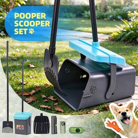 Dog Pooper Scooper Long Handle Swivel Bin Rake Set Heavy Duty Pet Waste Collector Pick Up Tool With 35 Free Garbage Bags Dispenser Odour Blocking Lid