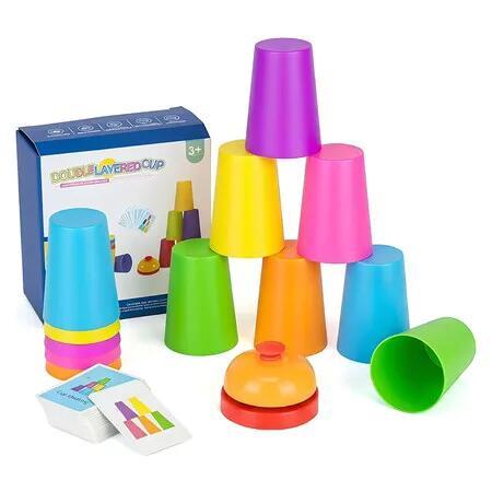 Stacking Cups Game Set, 12 Stacking Cups, 54 Cards, Bell, Family Game, Cup Stacking Set, Competitive and Cognitive Game, Family or Classroom Toy