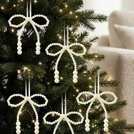 12Pcs Pearl Bow Christmas Ornaments, White Pearl Bow Hanging Decorations for Christmas Tree, Wreath Gift Wrapping Holiday Decor