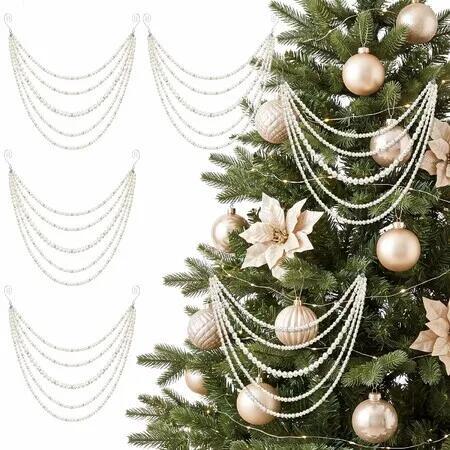 4 Pack Christmas Pearl Garland, 5 Layered Faux Pearl Swag with Hooks, White Beaded Ornament for Christmas Tree, Mantel, Fireplace,Winter Holiday Home Decor