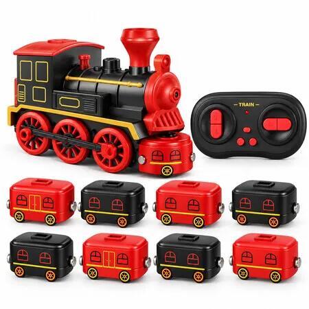 Magnetic Train Game Toy, Remote Control Mini Train with Light and Sound, RC Collecting and Racing Toy with 8 Magnetic Blocks for Kids (Black)