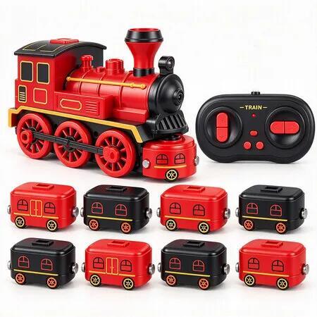 Magnetic Train Game Toy, Remote Control Mini Train with Light and Sound, RC Collecting and Racing Toy with 8 Magnetic Blocks for Kids (Red)