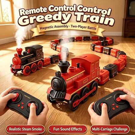 2 Pack Magnetic Train Game Toy, Remote Control Mini Train with Light and Sound, RC Collecting and Racing Toy with 16 Magnetic Blocks for Kids