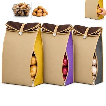 3 Pack Reusable Self Sealing Potato Onion Garlic Storage Bags, Breathable Light Blocking Sacks with Side Zipper, Washable Vegetable Bags for Kitchen Pantry