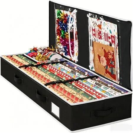 Christmas Gift Wrapping Paper Storage Organizer, Under Bed Wrap Container with Pockets & Dividers, Holds 24 Rolls for Holiday Supplies (Black)