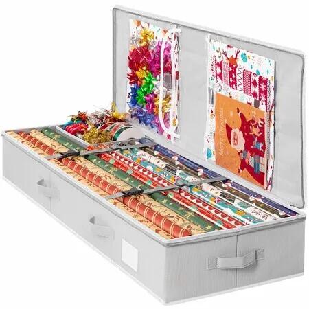 Christmas Gift Wrapping Paper Storage Organizer, Under Bed Wrap Container with Pockets & Dividers, Holds 24 Rolls for Holiday Supplies (Grey)