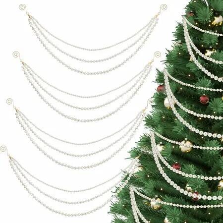 4 Pack Christmas Pearl Garland, 3 Layered Faux Pearl Swag with Hooks, White Beaded Ornament for Christmas Tree, Mantel, Fireplace,Winter Holiday Home Decor