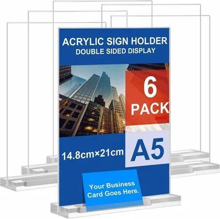 6 Pack A5 Acrylic Sign Holder, Double Sided Table Top Display Stand, Clear T Shape Menu Holder for Restaurant Office
