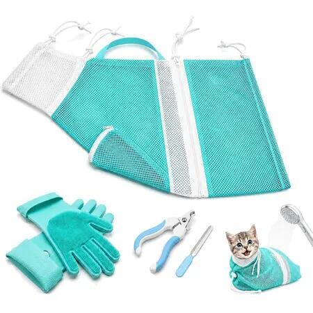 Cat Bathing Bag Set, Anti Scratch Mesh Shower Bag with Grooming Gloves, Nail Clipper & Nail File, Cat Grooming Kit for Medium Cats Bath & Nail Trimming