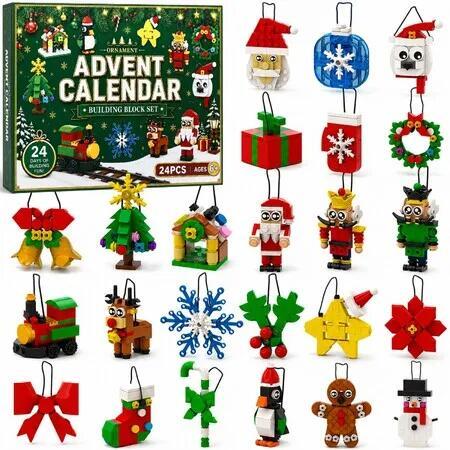 Christmas Brick Ornament Advent Calendar, 24 Day Xmas Countdown Calendar with Building Blocks Hanging Ornament for Holiday Decor