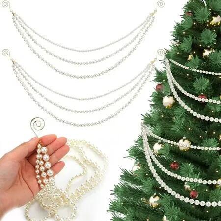 2 Pack Christmas Pearl Garland, 3 Layered Faux Pearl Swag with Hooks, White Beaded Ornament for Christmas Tree, Mantel, Fireplace,Winter Holiday Home Decor