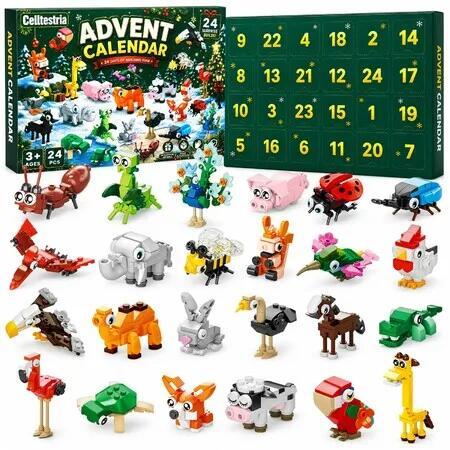 Christmas Brick Ornament Advent Calendar, 24 Day Animals Countdown Calendar with Building Blocks Hanging Ornament for Holiday Decor