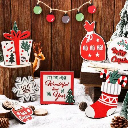 Christmas Wooden Tiered Tray Set Two-Tier Hot Cocoa Theme Wood Slice Ornaments American Style Layered Table Display Decoration