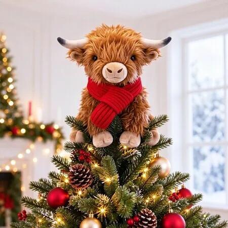 Highland Cow Tree Topper with Red Scarf Christmas Tree Top Decoration for Highland Cow Lovers Holiday Party Display