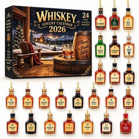 Whiskey Advent Calendar 2026, 24 Day Christmas Countdown with 2D Acrylic Whisky Bottle Ornaments, Christmas Gift for Whisky Lovers