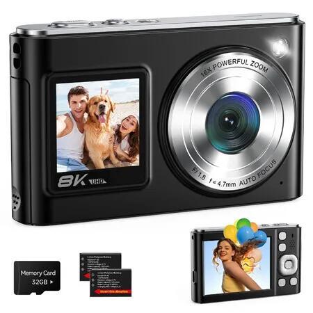 Real 4K Digital Camera with Dual Screens,16X Zoom Compact Camera with 60 Filters,Autofocus Point and Shoot Camera,Included 32GB Card 2 Batteries