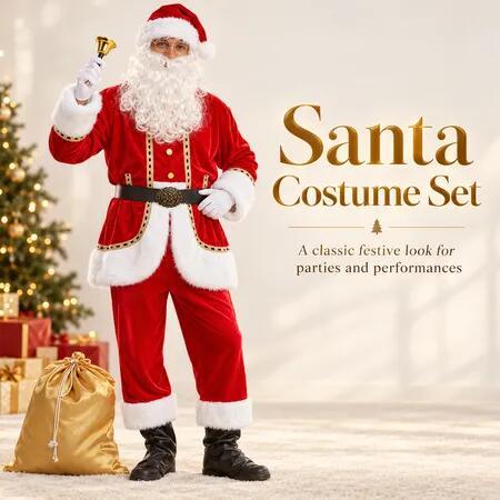 Santa Claus Costume Set S/M, Father Christmas Fancy Dress with Hat, Beard, Wig, Glasses, Gift Sack and Bell for Christmas Parties