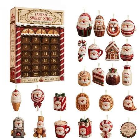 Santa's Sweet Shop Advent Calendar, 24 Day Christmas Countdown with 24 Flat Acrylic Sweet Treat Ornaments, Christmas Gift for Dessert Lovers