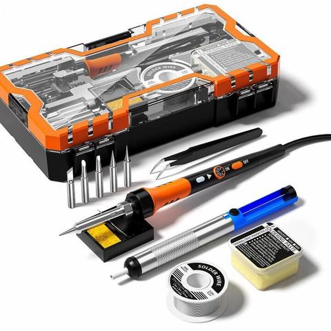 Premium 60W Adjustable Temperature Soldering Iron Kit Ceramic Heater 200-450°C Includes Solder Tips Solder Wire Desolder