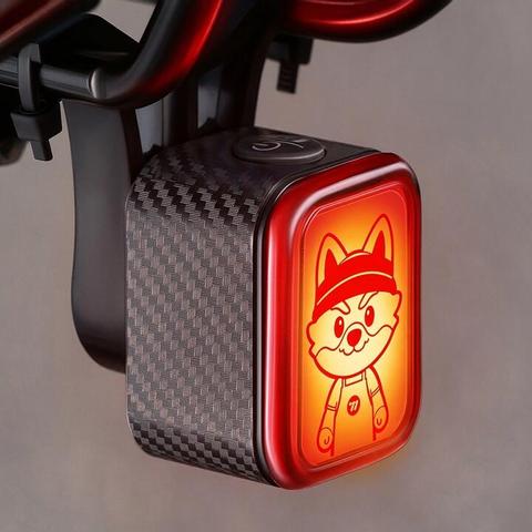West Biking Smart Brake Sensing Bike Tail Light Cute Cartoon Pattern Type C USB Rechargeable IP66 Waterproof Carbon Text
