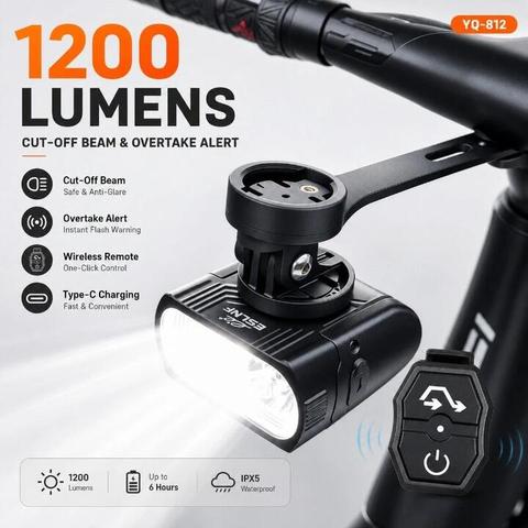 ESLNF Smart Bike Headlight, 1200 Lumens Anti Glare Bicycle Front Light with Wireless Remote and Type C Charging for Nigh