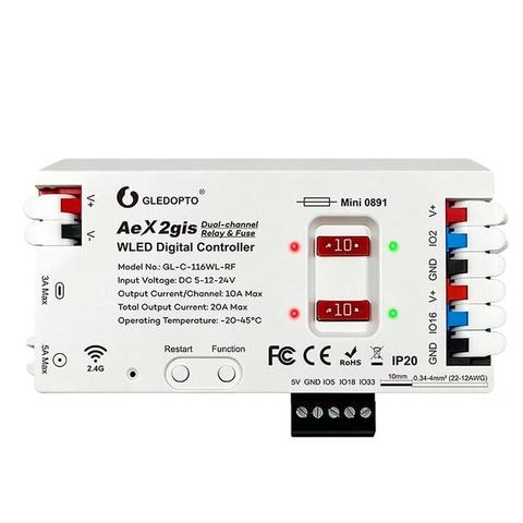 GLEDOPTO GL-C-116WL-RF AeX2gis WLED Digital LED Strip Controller DC 5-12-24V 20A Max 10A Per Channel Double Fuse Relay 2