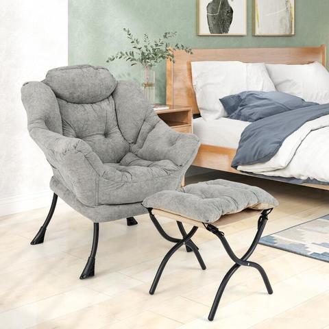 CostwayLazy Chair with Ottoman with Folding Footrest and Side Pocket-Grey