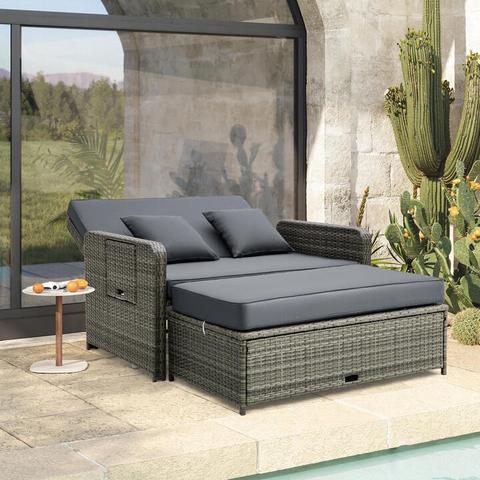CostwayWicker Daybed with Adjustable Backrest and 2 Pieces Furniture Set-Grey