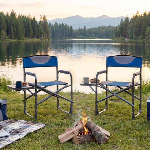 CostwayLightweight Folding Camping Chair with Side Table and Cup Holder-Blue