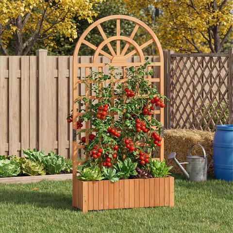 CostwayWooden Raised Garden Bed with Trellis 182 cm Outdoor Planter Box-Rustic Brown