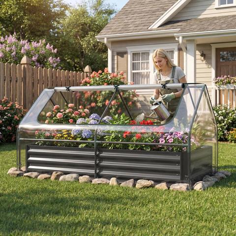 Costway183x91x94 cm Galvanized Raised Garden Bed with Cover and 2 Roll-up Windows-Black