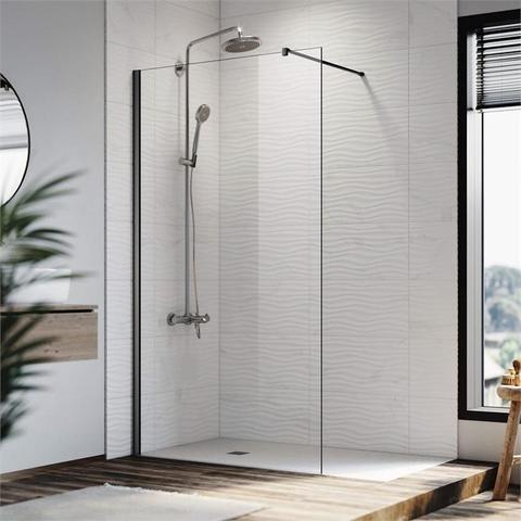 Elegant Showers Frameless Walk-In Shower Screen, 8mm Toughened Glass, Square Edge, Matte Black Hardware, 800mm