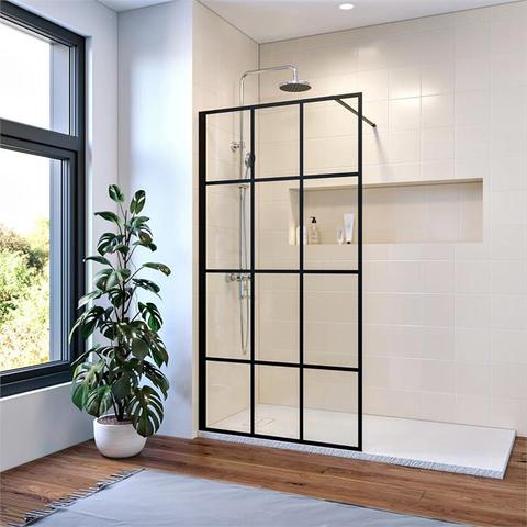 Black-Framed Walk-In Shower Screen, 8mm Toughened Glass with Black Grid Pattern, Matte Black Frame, 1000mm