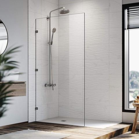 Elegant Showers Frameless Walk-In Shower Screen with 3 Square Wall Brackets, 10mm Toughened Glass, Matte Black Hardware, 900mm / No
