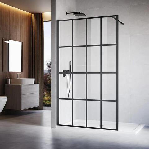 Black-Framed Walk-In Shower Screen, 8mm Toughened Glass with Black Grid Pattern, Matte Black Frame, 1100mm
