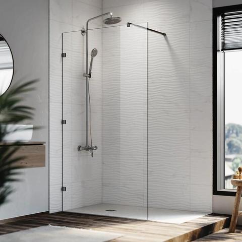 Elegant Showers Frameless Walk-In Shower Screen with 3 Square Wall Brackets, 10mm Toughened Glass, Matte Black Hardware, 1100mm / Yes