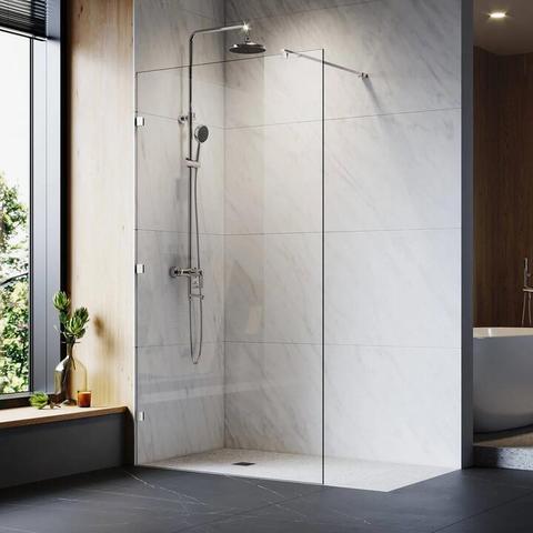 Elegant Showers Frameless Walk In Shower Screen with 3 Square Wall Brackets, 10mm Toughened Glass, Chrome Hardware, 800mm / Yes