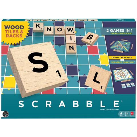 Scrabble Board Game Family Word Game with Wood Tiles and Racks and Two Ways to Play for 2-4 Players