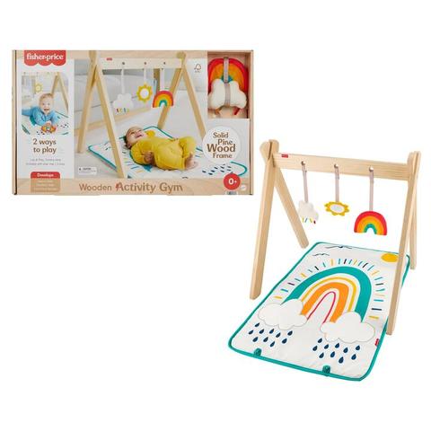 Fisher-Price Wooden Activity Gym, Wood Frame with 3 Sensory Toys & Mat for Newborn Babies