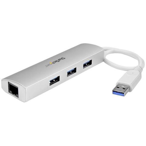 StarTech 3 Port Portable USB 3.0 Hub plus GbE - Hub with Built-In Cable