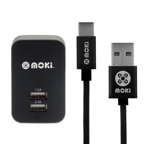 Moki USB Type-C Braided SynCharge Cable + Wall Charger - Black